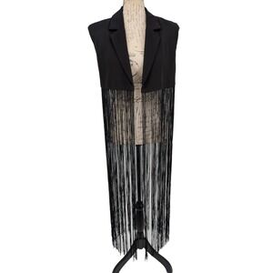 Bolero Jacket Estimate Small Black Open Front FABULOUS FRINGE 66" Long Fun